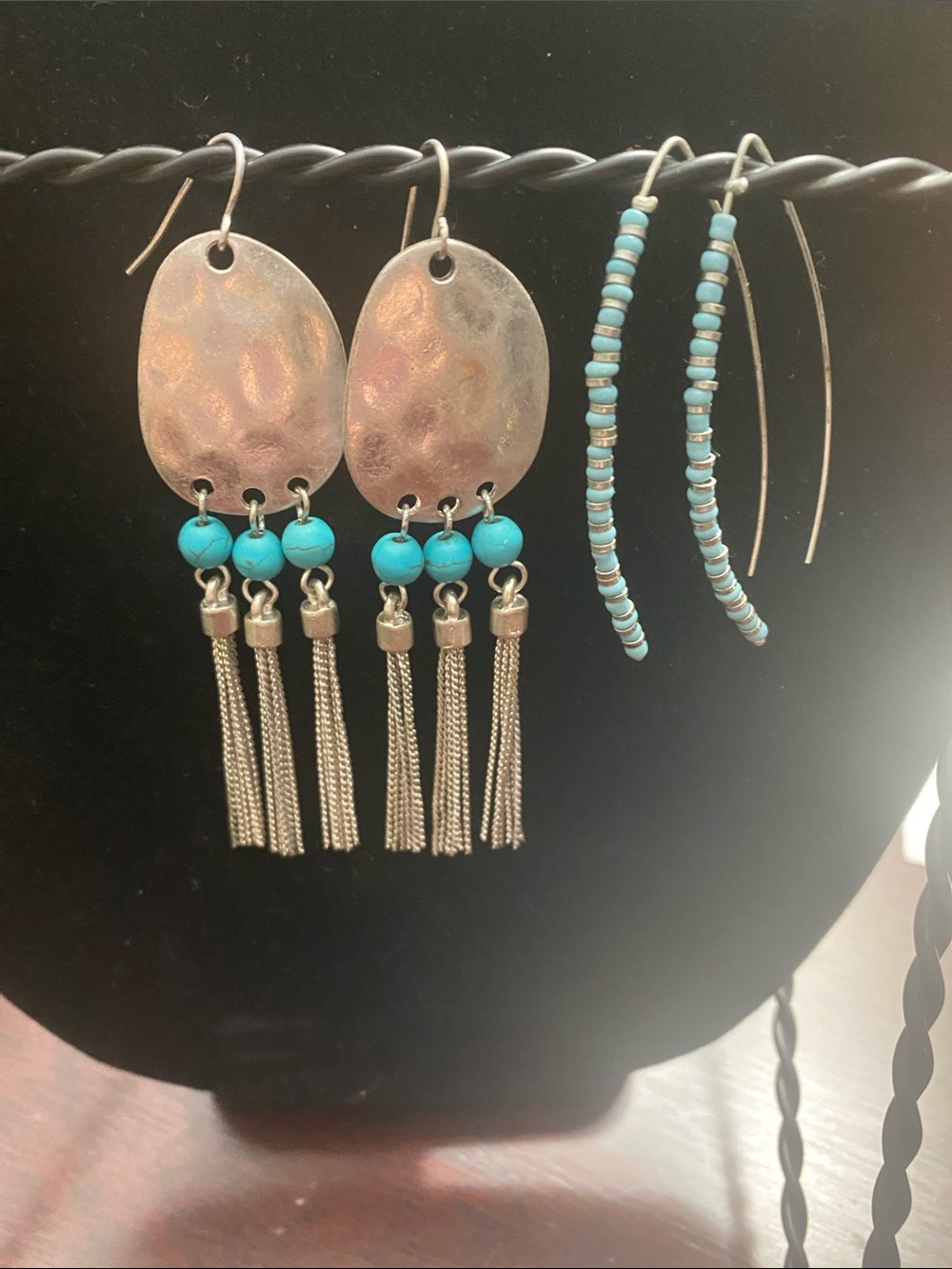 Turquoise Bead Silver Tassel Earrings - Women Jewelry